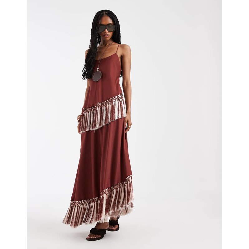 ASOS DESIGN double tier layered two tone fringe satin cami maxi