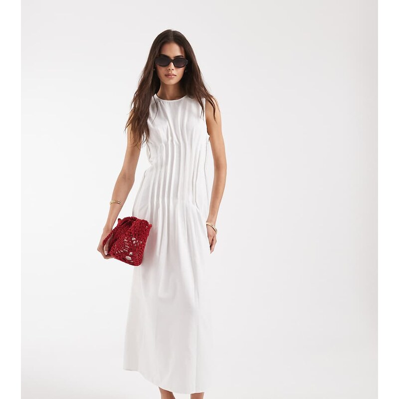 Vero Moda Tall poplin pleated waist sleeveless midi dress in