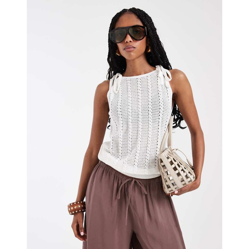 Vero Moda tie shoulder racer crochet knitted vest in white