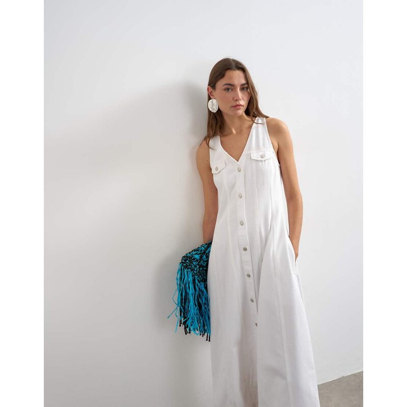 Topshop denim v neck button through maxi dress in bone-White