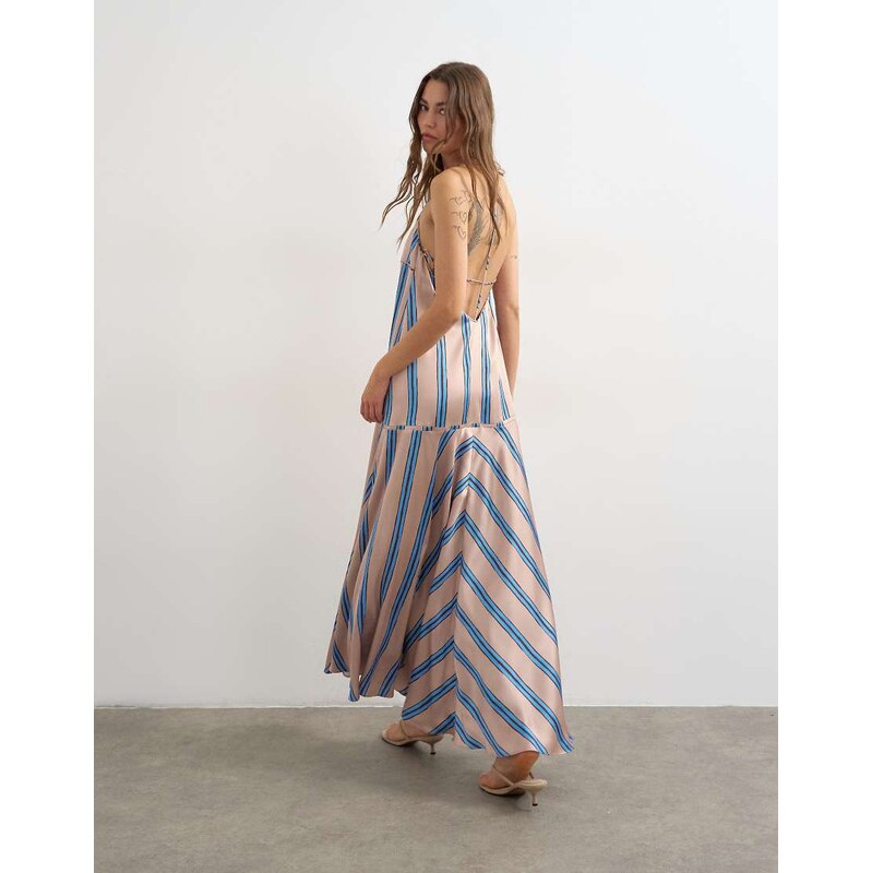 Topshop satin seamed maxi dress with piped edges in natural and