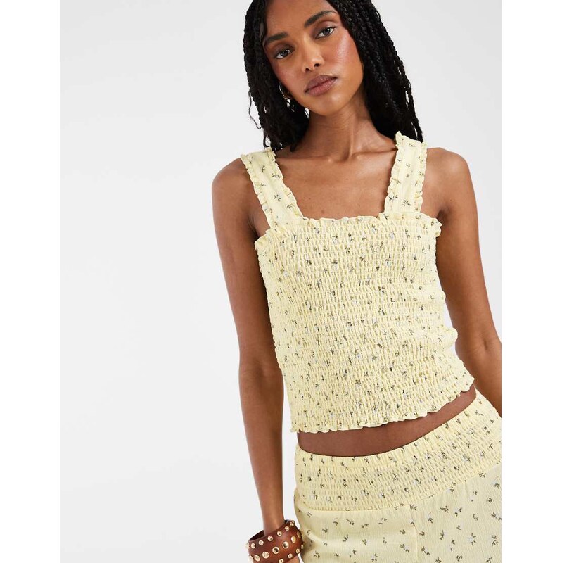 Pieces wide strap smocked ditsy floral top co-ord in pastel