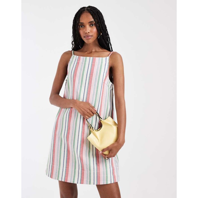 Pieces square neck denim mini dress in washed retro stripe print