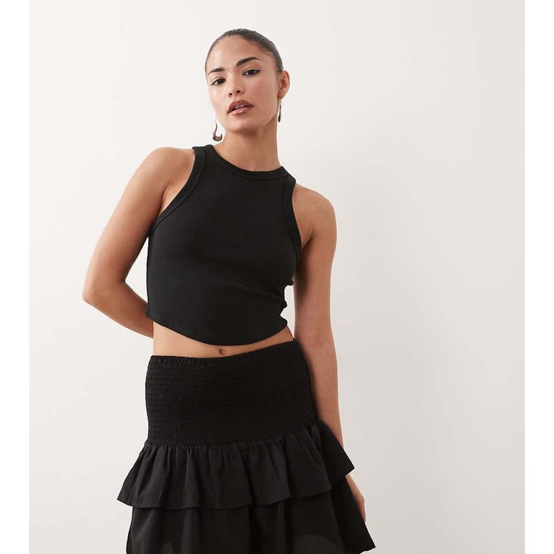 Vila Petite shirred waist tiered mini skirt in black