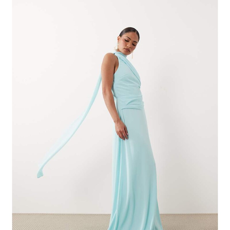 TFNC Petite chiffon one shoulder scarf neck maxi dress in baby