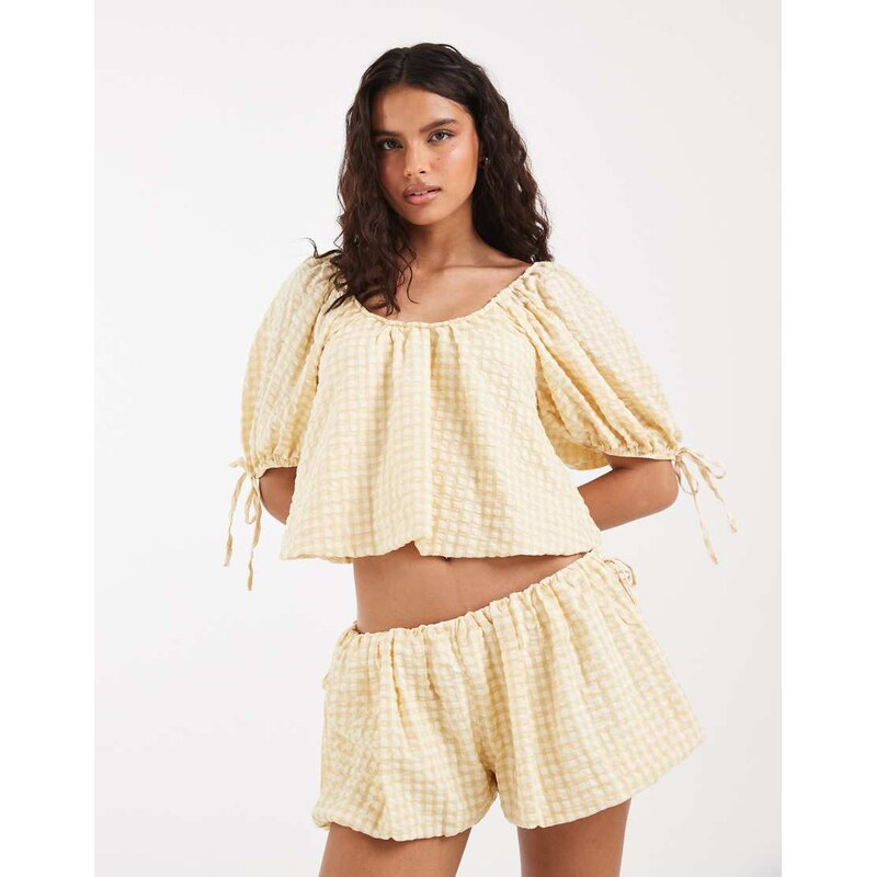 ASOS DESIGN puff sleeve bubble top co ord in cream gingham-Multi