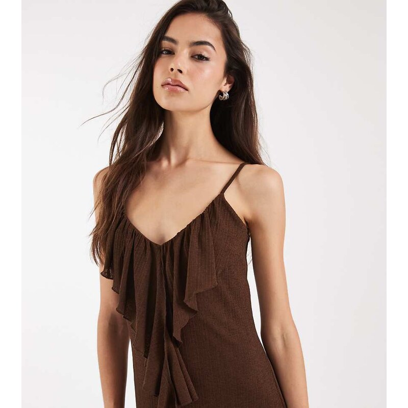 Vero Moda Tall frill trim cami midi dress in chocolate brown