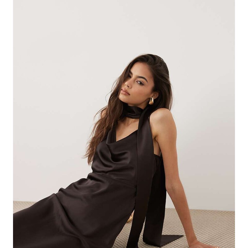 Vero Moda Tall cowl neck satin cami midi dress with scarf detail