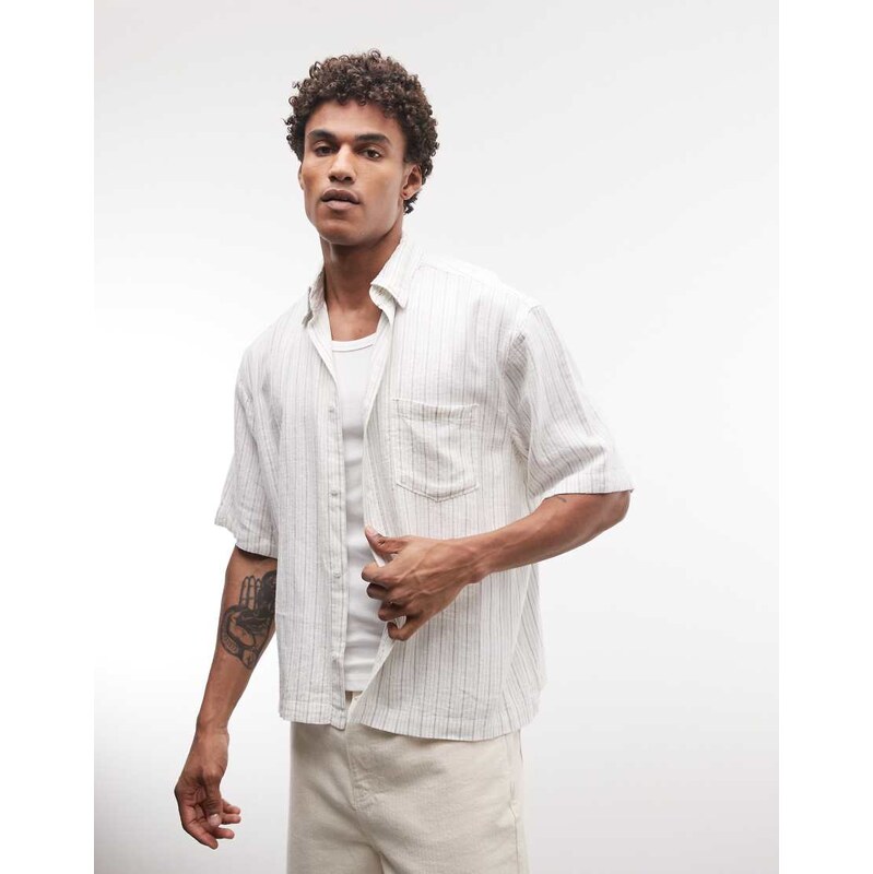 Weekday Franco short sleeve linen blend shirt in white and grey
