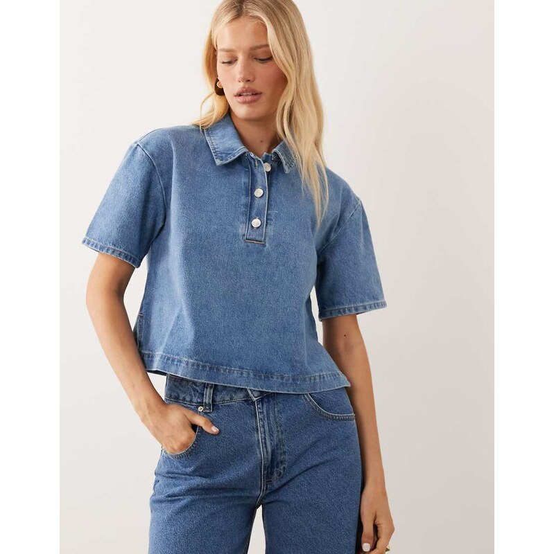 ASOS DESIGN boxy denim polo shirt in bleach wash-Blue