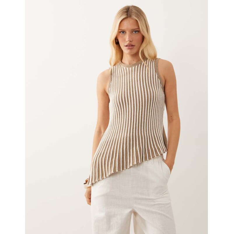 ASOS DESIGN knitted pleated asymmetric top in mocha stripe-White