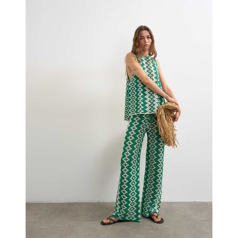 Topshop knitted patterned crochet look co-ord shirt in green and