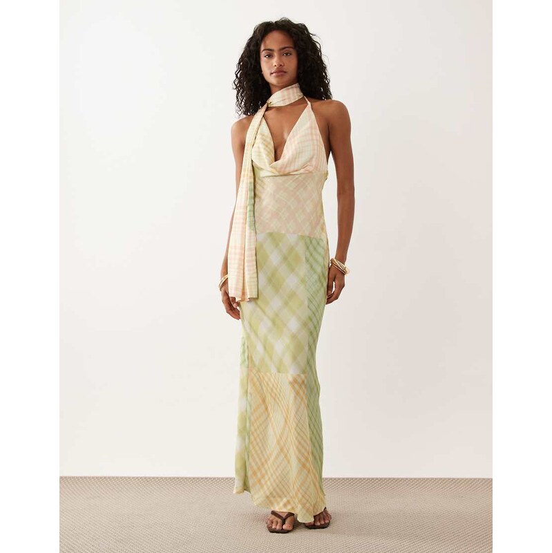 ASOS DESIGN satin scarf cowl neck maxi dress in check-Multi