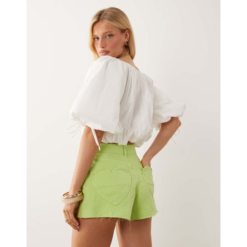 Miss Selfridge heart pocket denim mom short in lime-Green