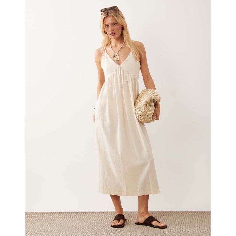 ASOS DESIGN linen blend deep v maxi sundress in ivory-White