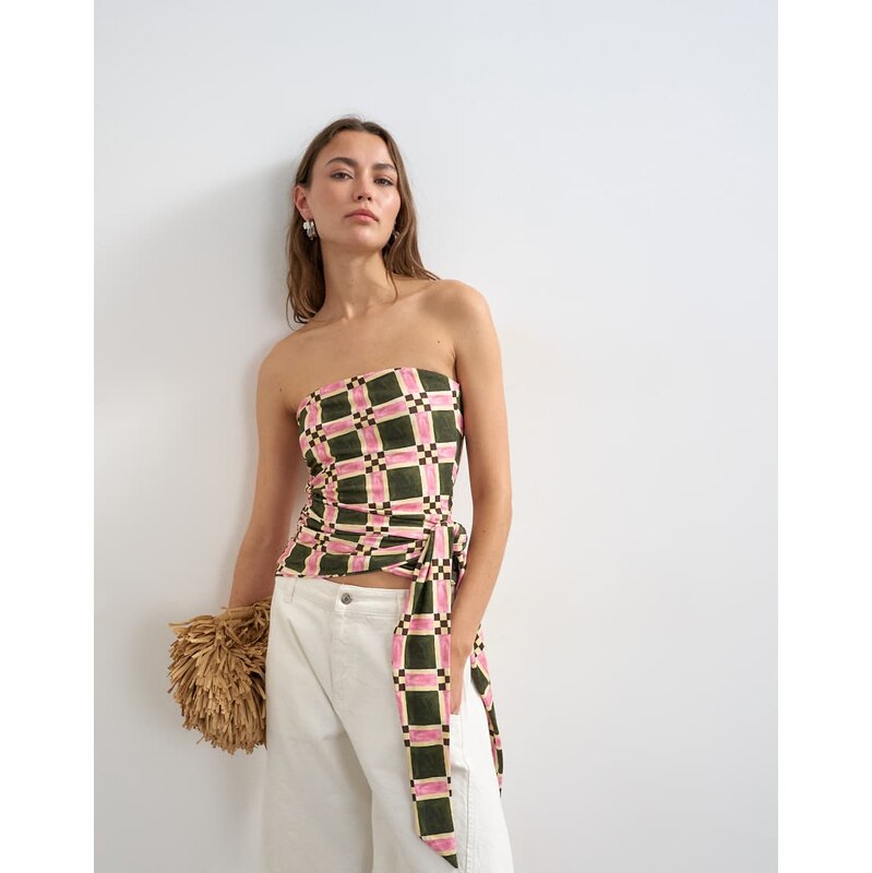 Topshop check print tie detail bandeau top in green-Multi