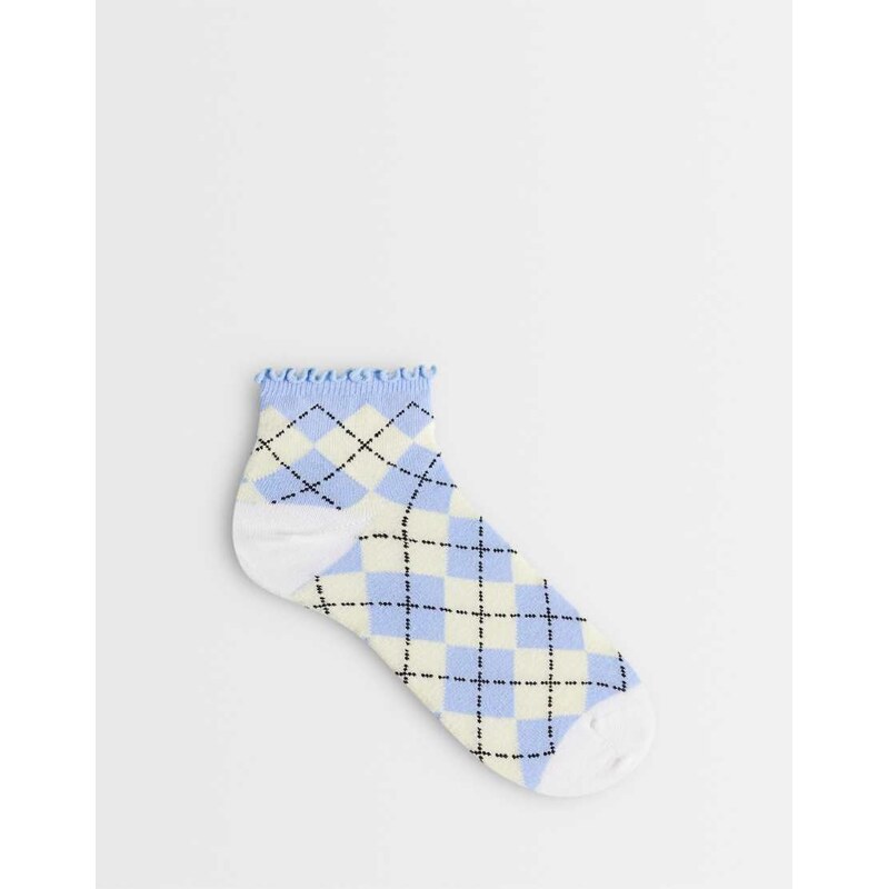 ASOS DESIGN ankle socks with frill edge in blue & cream argyle