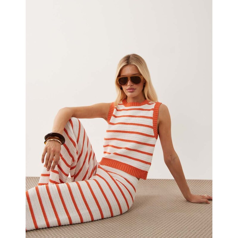 ASOS DESIGN crochet knit beach top co-ord in orange stripe-Multi