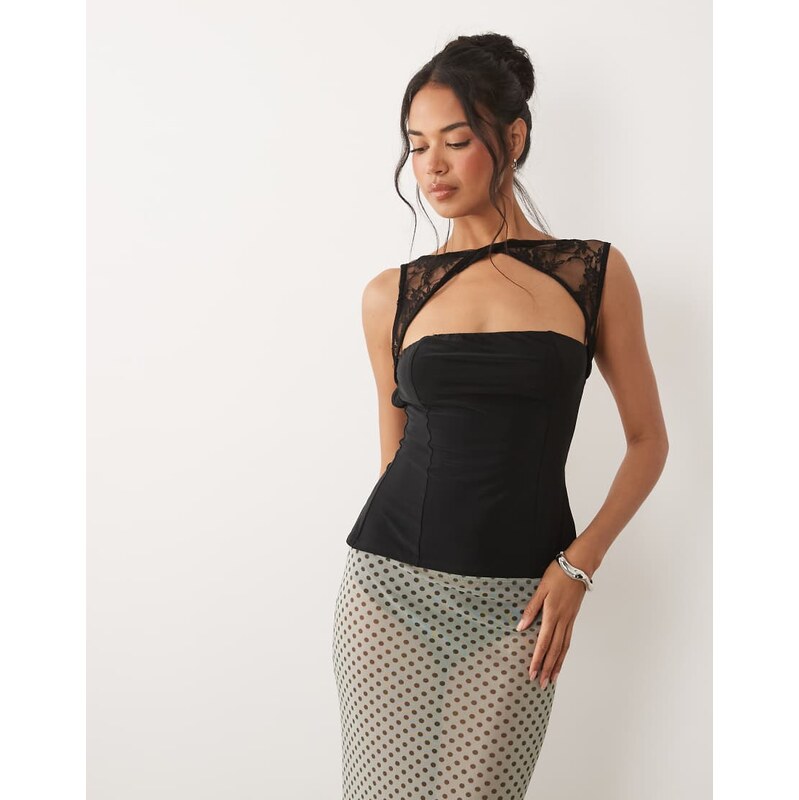 ASOS DESIGN twisted lace cutout top with seam details in black