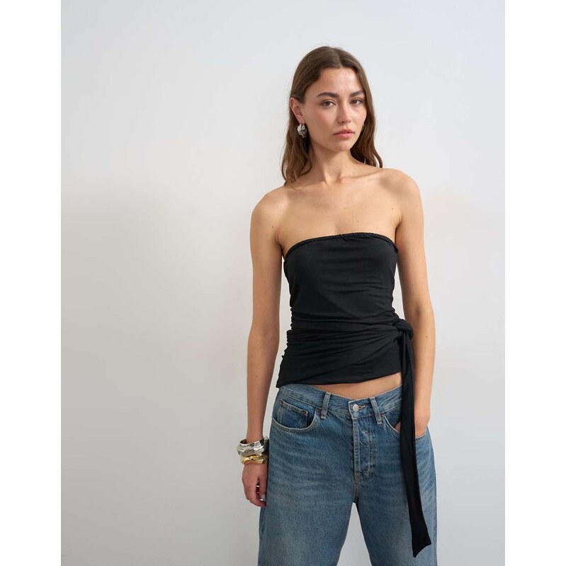 Topshop tie detail bandeau top in black-Green