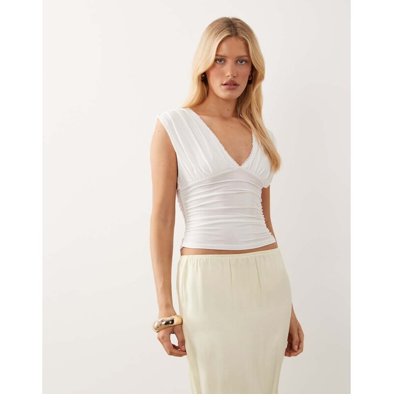 Miss Selfridge v-neck ruched tank top with picot trim-White