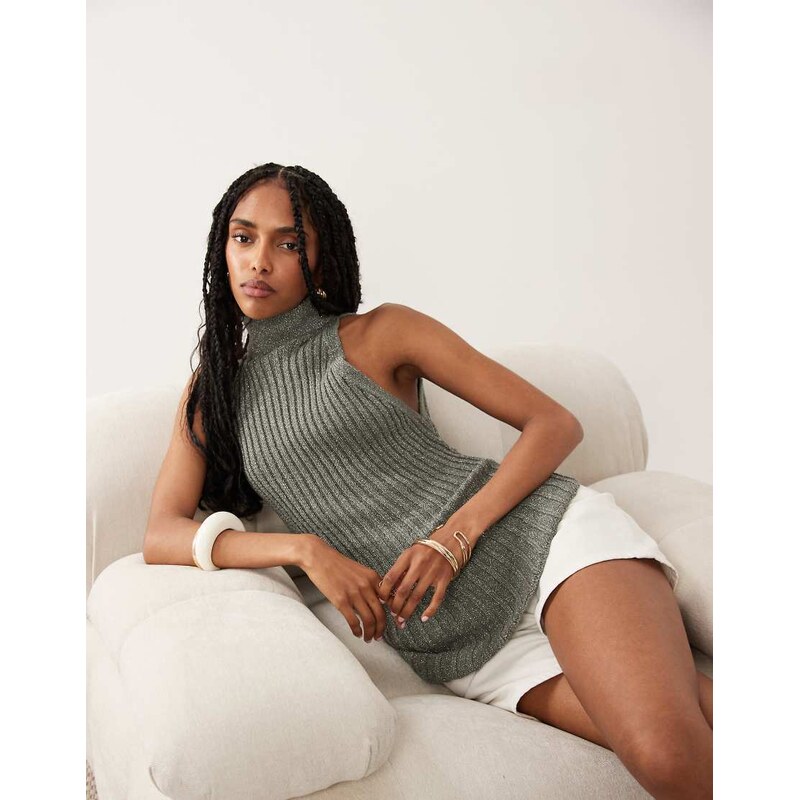 ASOS DESIGN metallic knitted asymmetrical halter top in khaki