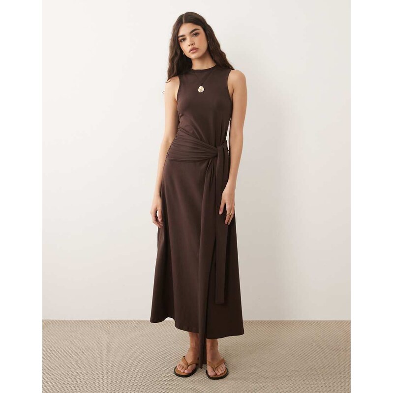 ASOS DESIGN sleeveless midi dress with tie waist in chocolate