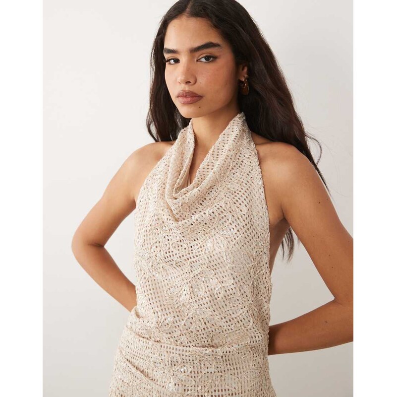 ASOS DESIGN sequin crochet cowl halterneck mini dress in natural