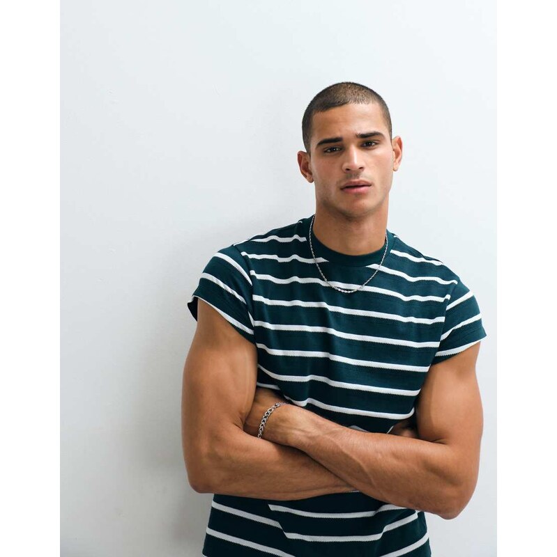 ASOS DESIGN boxy regular cap sleeve t-shirt in green stripe
