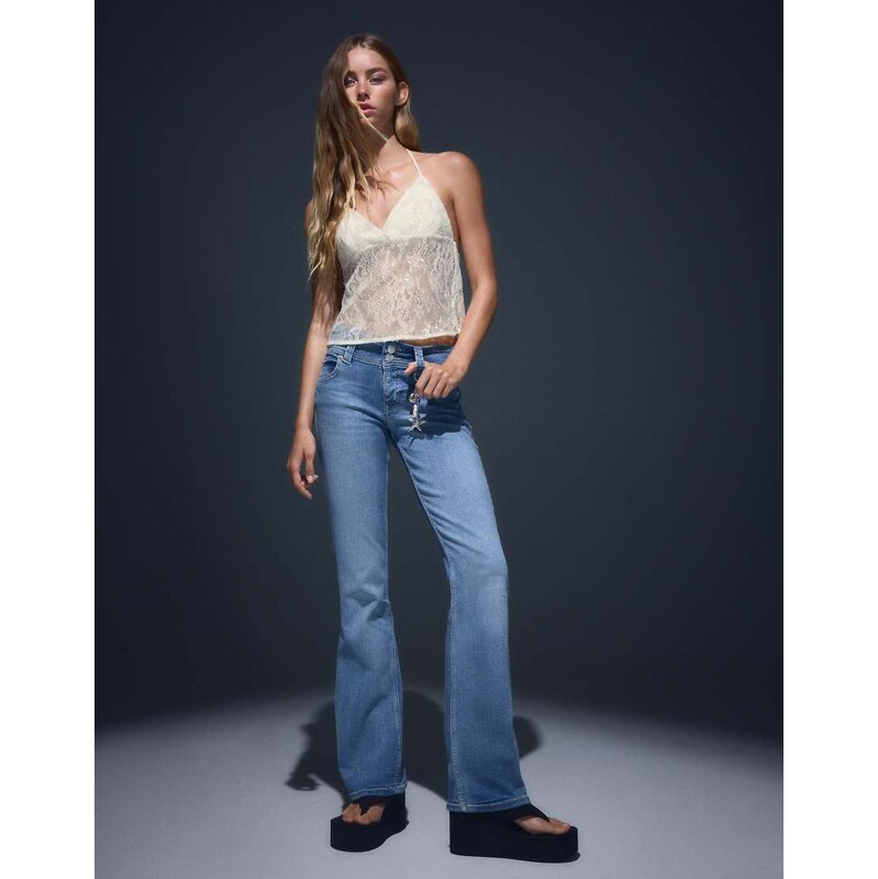 Bershka Halter neck top with lace and sequins in white