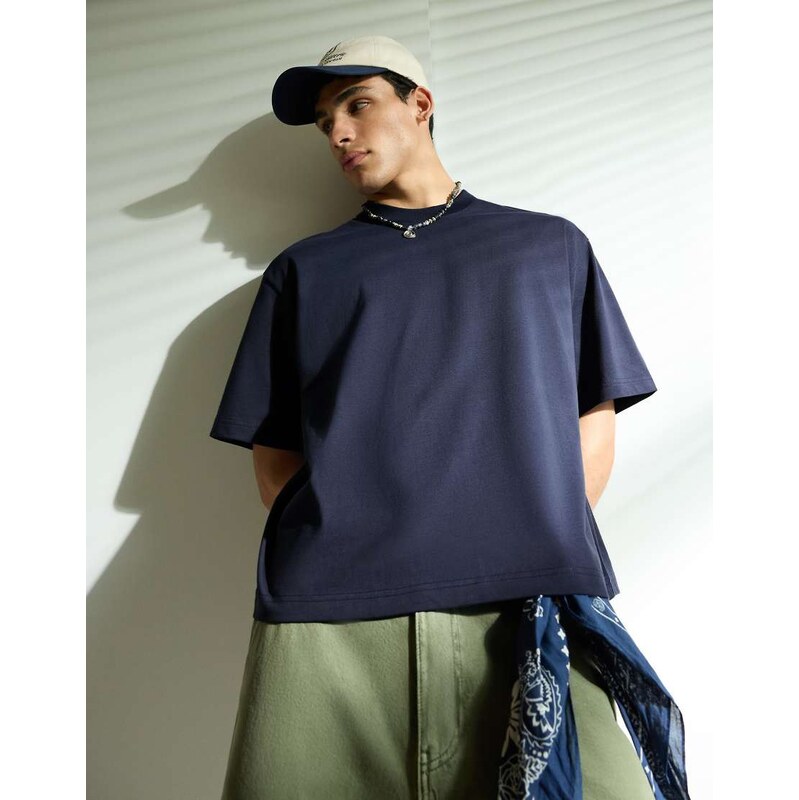 Bershka Heavy boxy t-shirt in blue-Navy