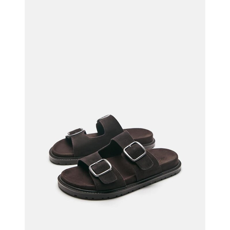 Pull&Bear Leather buckle sandals in brown