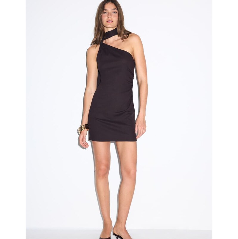 Stradivarius Short asymmetric dress with fringing in brown