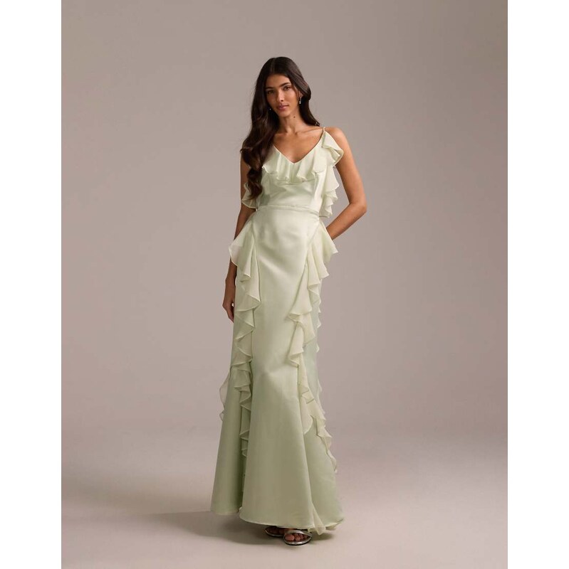 ASOS DESIGN bridesmaids satin chiffon ruffle maxi dress with