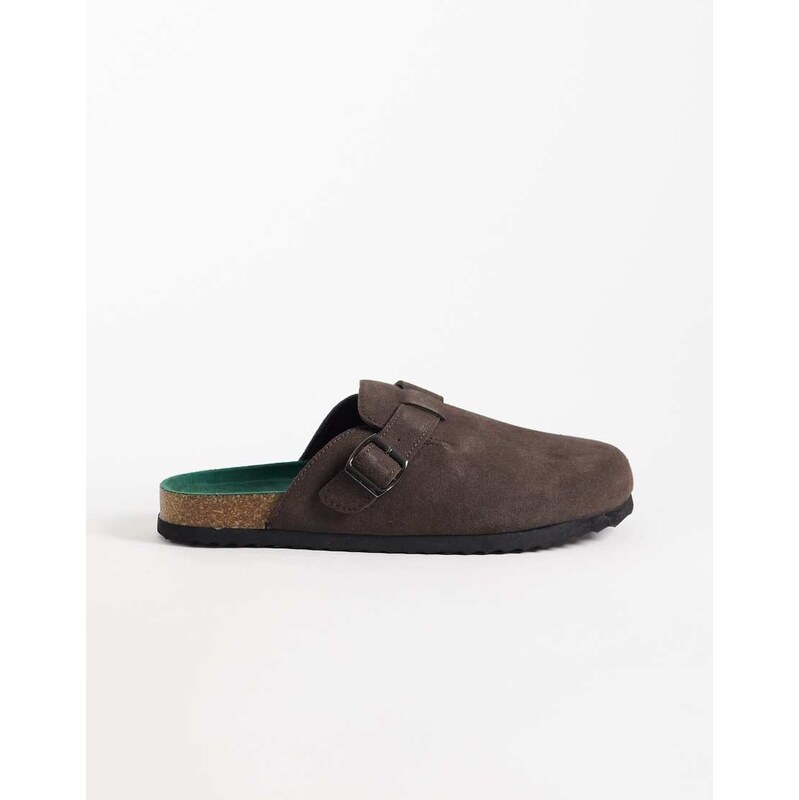 ONLY & SONS faux suede clogs with buckle in chocolate-Brown