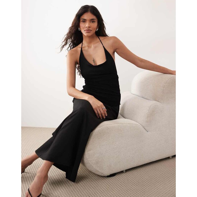 Gina Tricot halterneck asymmetric textured maxi dress with open