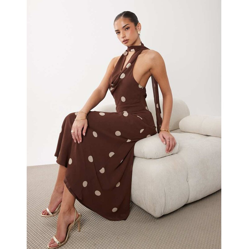 Gina Tricot scarf neck maxi dress in brown polka dot