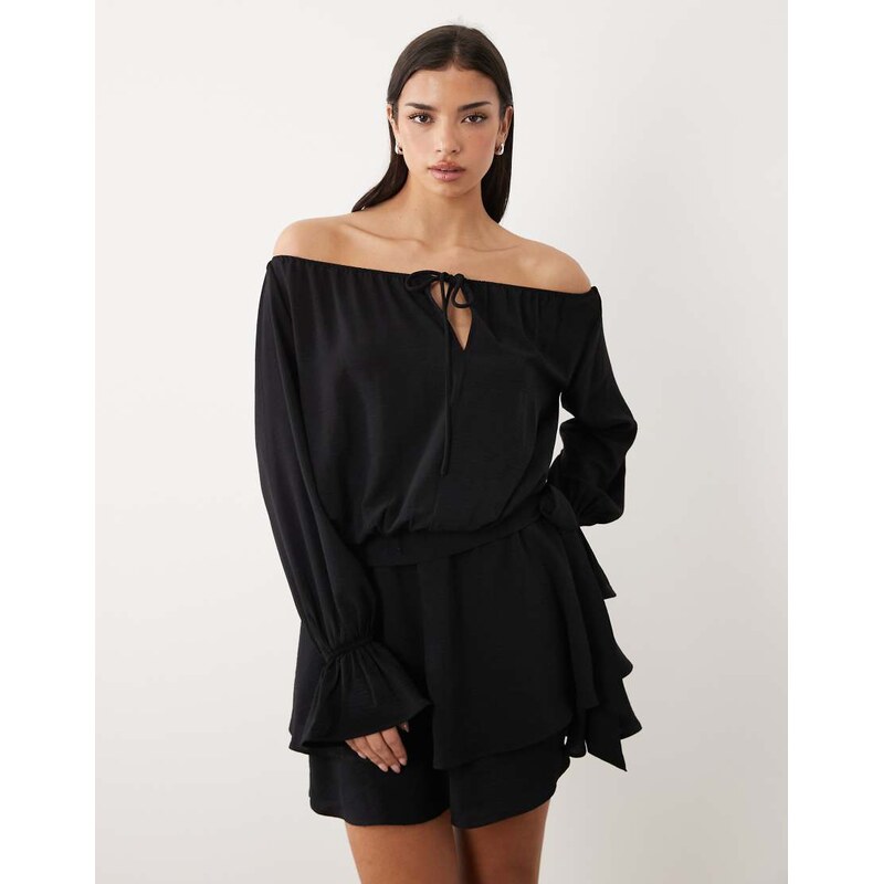 Gina Tricot off the shoulder long sleeve frill mini dress in