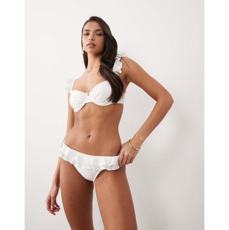 South Beach broderie bikini bottom with frill detail in white