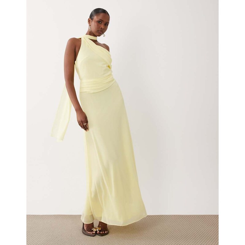 TFNC chiffon one shoulder scarf neck maxi dress in lemon-Yellow
