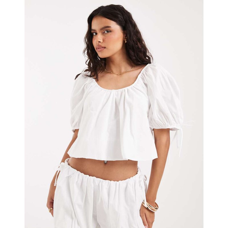 ASOS DESIGN puff sleeve bubble top co ord in white poplin