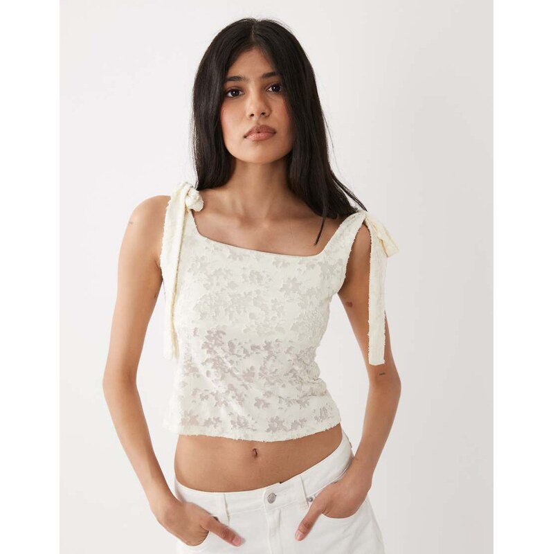 Miss Selfridge tie shoulder jacquard top in cream-White