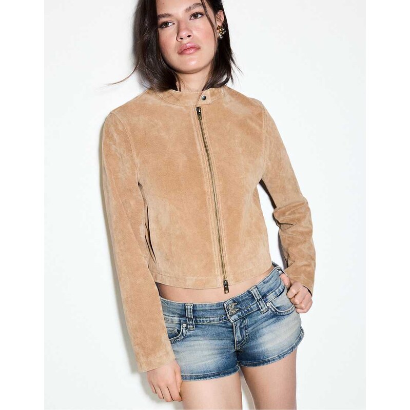 Stradivarius 100% leather biker jacket in stone-White