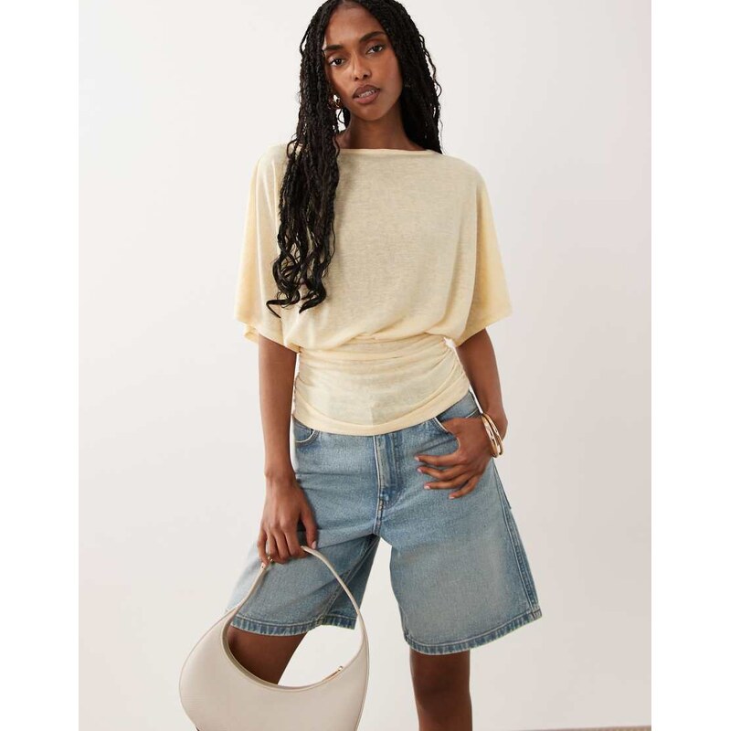 ASOS DESIGN sheer slub batwing sleeve top with cinched waist in