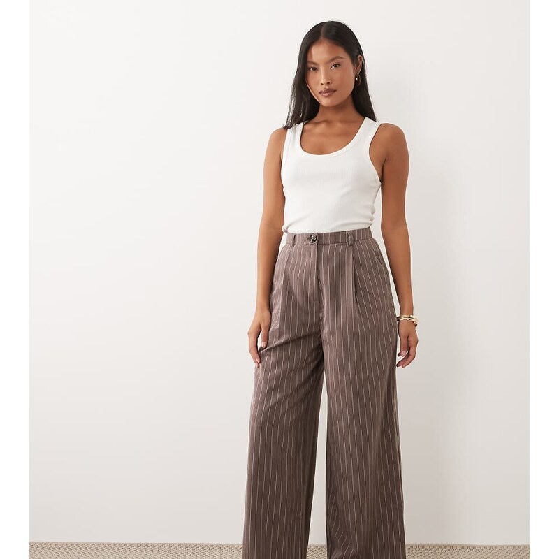 Miss Selfridge Petite pinstripe trouser in chocolate-Brown