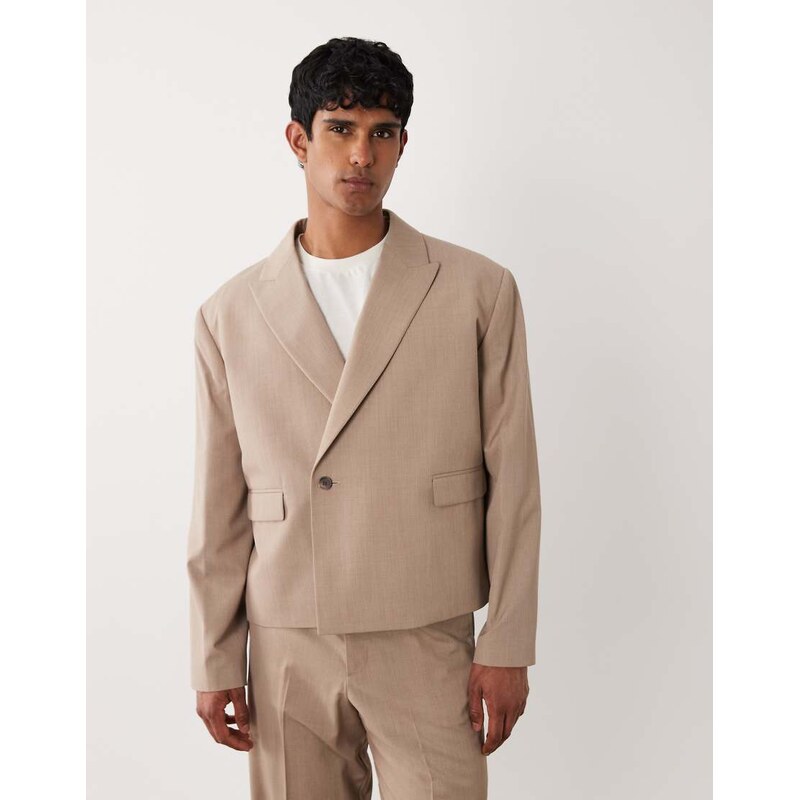ASOS DESIGN boxy wrap suit jacket in camel-Neutral