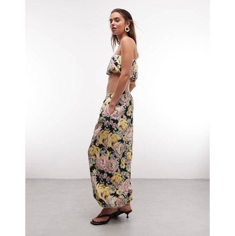 ASOS DESIGN linen blend balloon trousers in black floral co-ord