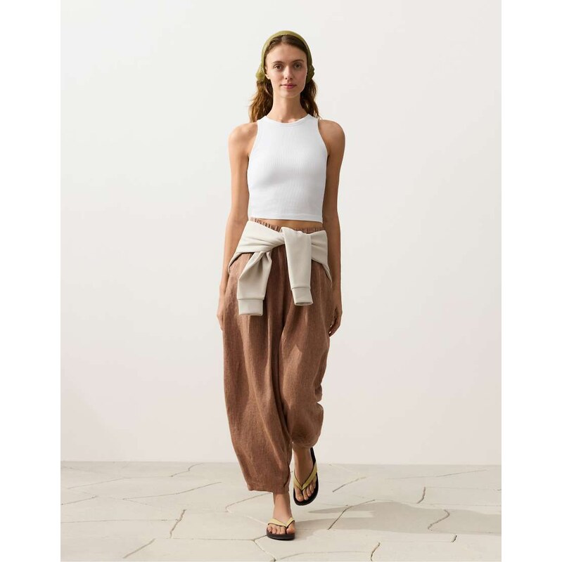 OYSHO 100% linen striped balloon trousers in tan melange-Brown