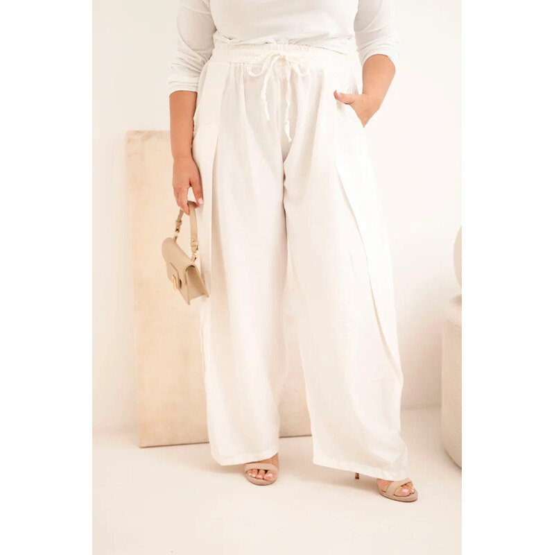 K-Fashion Dámské bavlněné kalhoty Plus Size s gumou v pase ecru