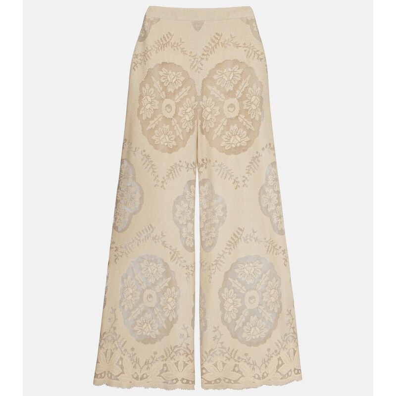 Valentino Embroidered cotton-blend wide-leg pants